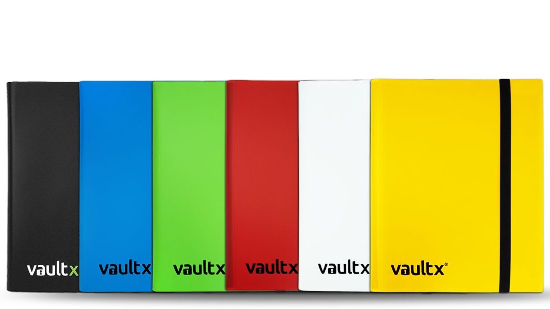 A collection of Vault X card binders in various colors including black, blue, green, red, white, and yellow, displayed side by side.
