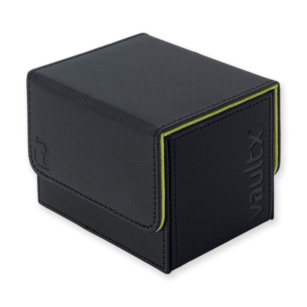 Black Exo-Tec® sideloading deck box with green accents, designed for card storage.