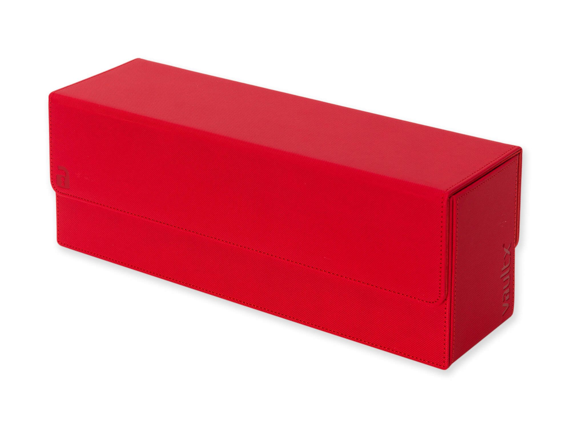 A red Exo-Tec® deck box with a magnetic detachable lid, designed for card storage with a protective microfibre lining.