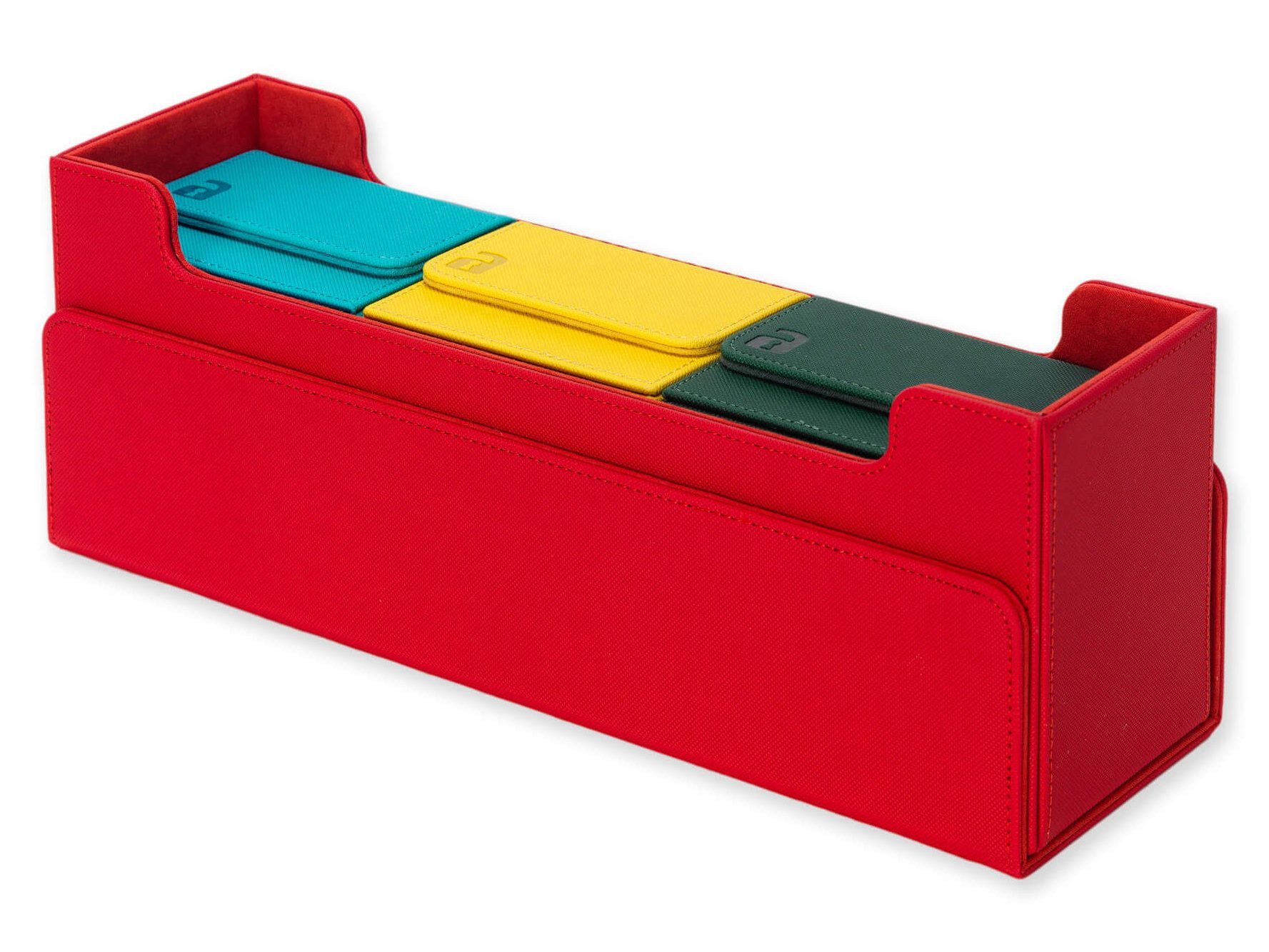 A red deck box with three compartments for storing different colored deck boxes, featuring teal, yellow, and green lids.