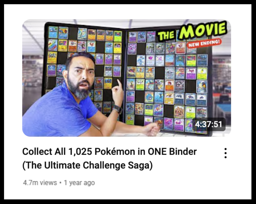 A man in a blue shirt pointing at a Pokémon card binder filled with various Pokémon cards, showcasing a collection of 1,025 Pokémon.