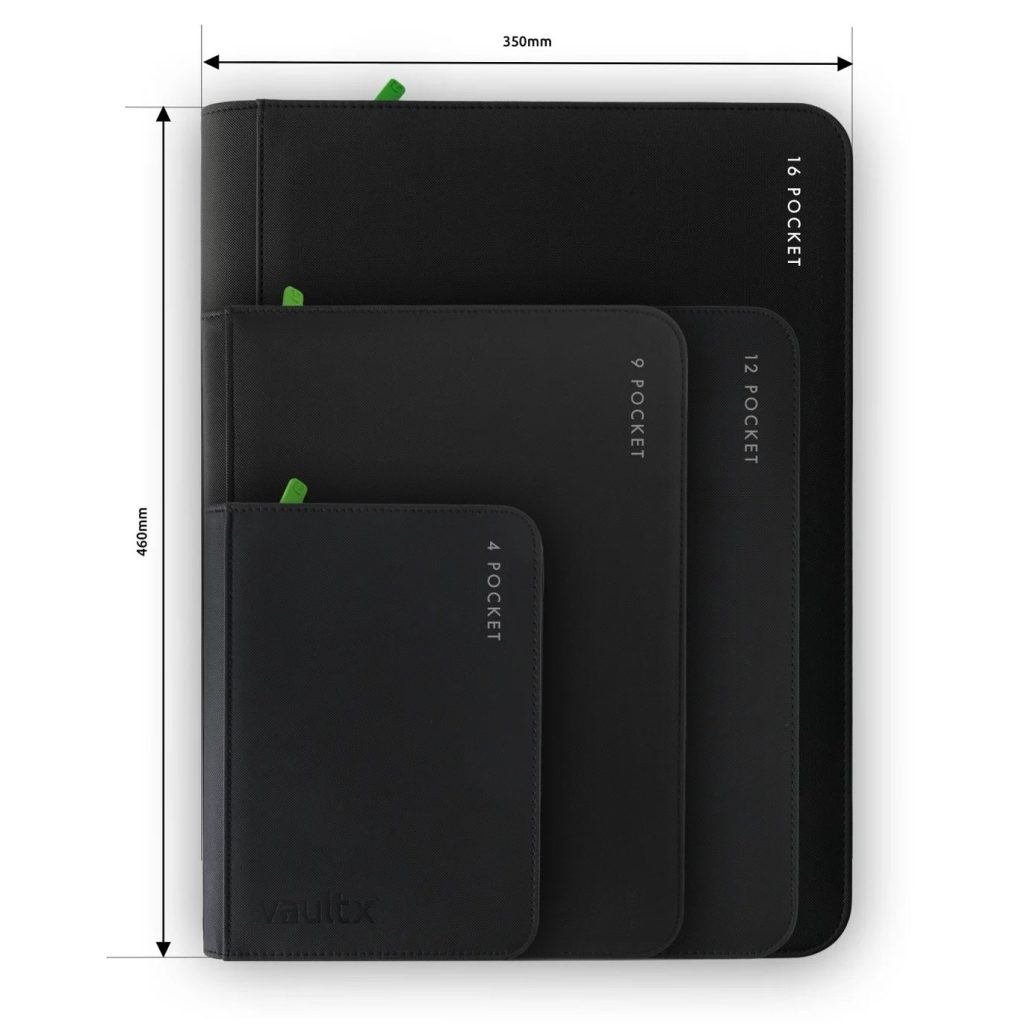 A set of four black organizers labeled with the number of pockets: 4 pocket, 9 pocket, 12 pocket, and 16 pocket. Each organizer features a green tab and is shown with dimensions of 350mm by 460mm.
