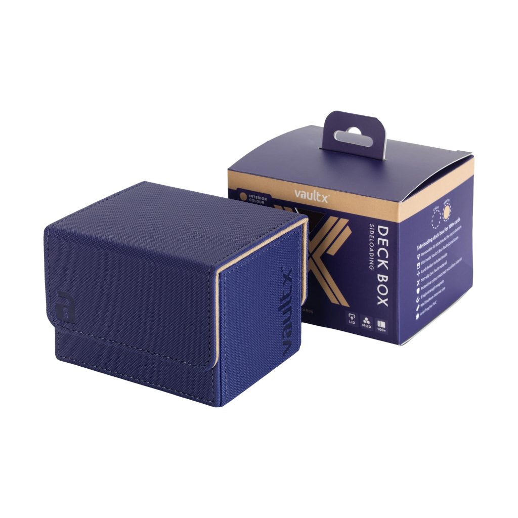 A blue deck box with a textured surface, next to its packaging, labeled 'vaultx'.