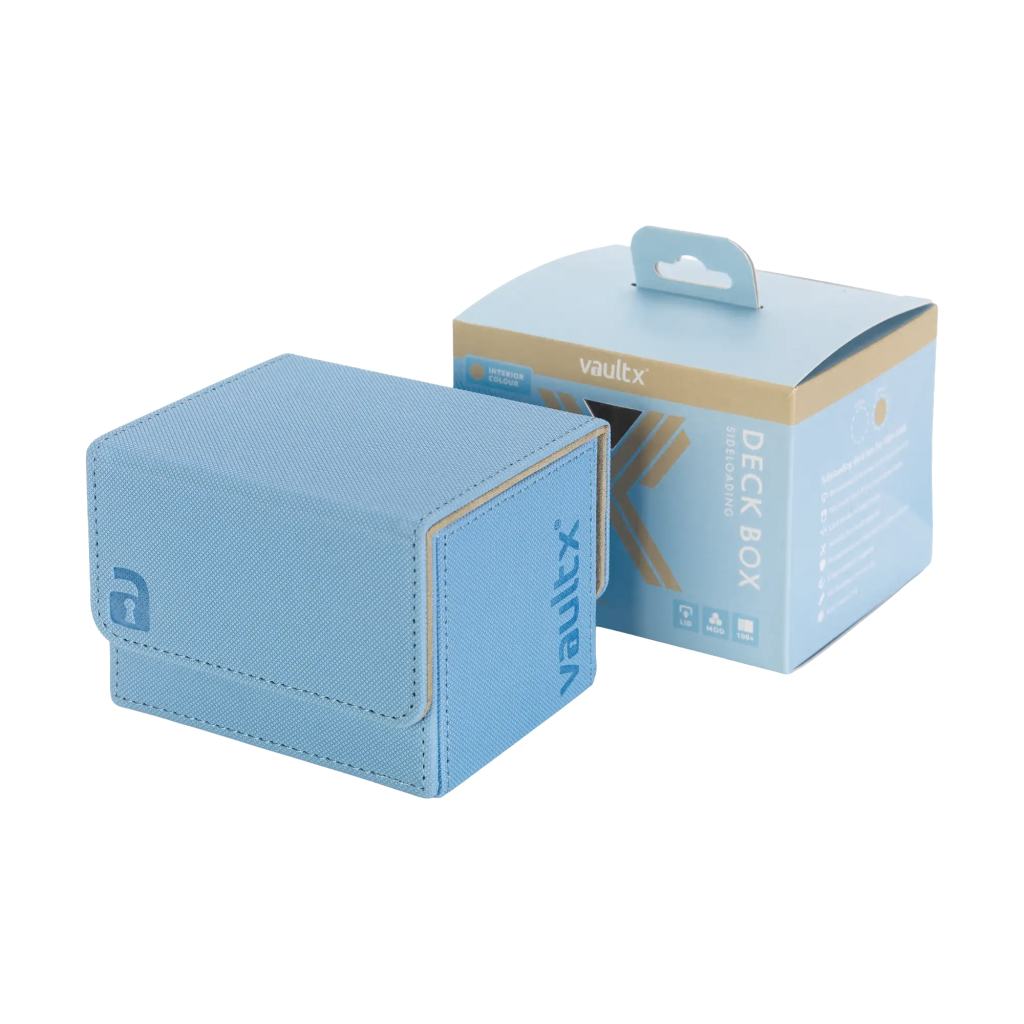 Blue vaultx deck box with a textured surface and a hinged lid, accompanied by its packaging.