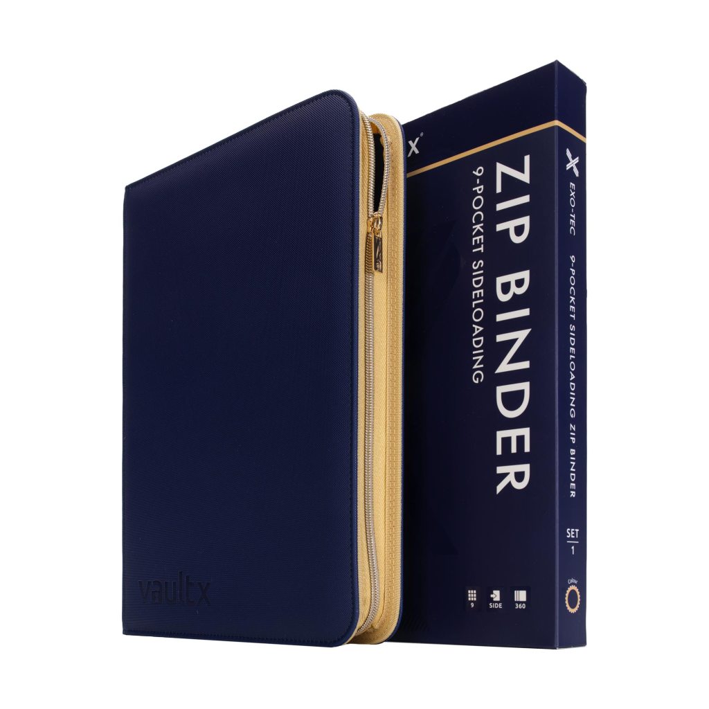 A navy blue zip binder with a gold zipper, featuring 9 side-loading pockets, displayed with its packaging.
