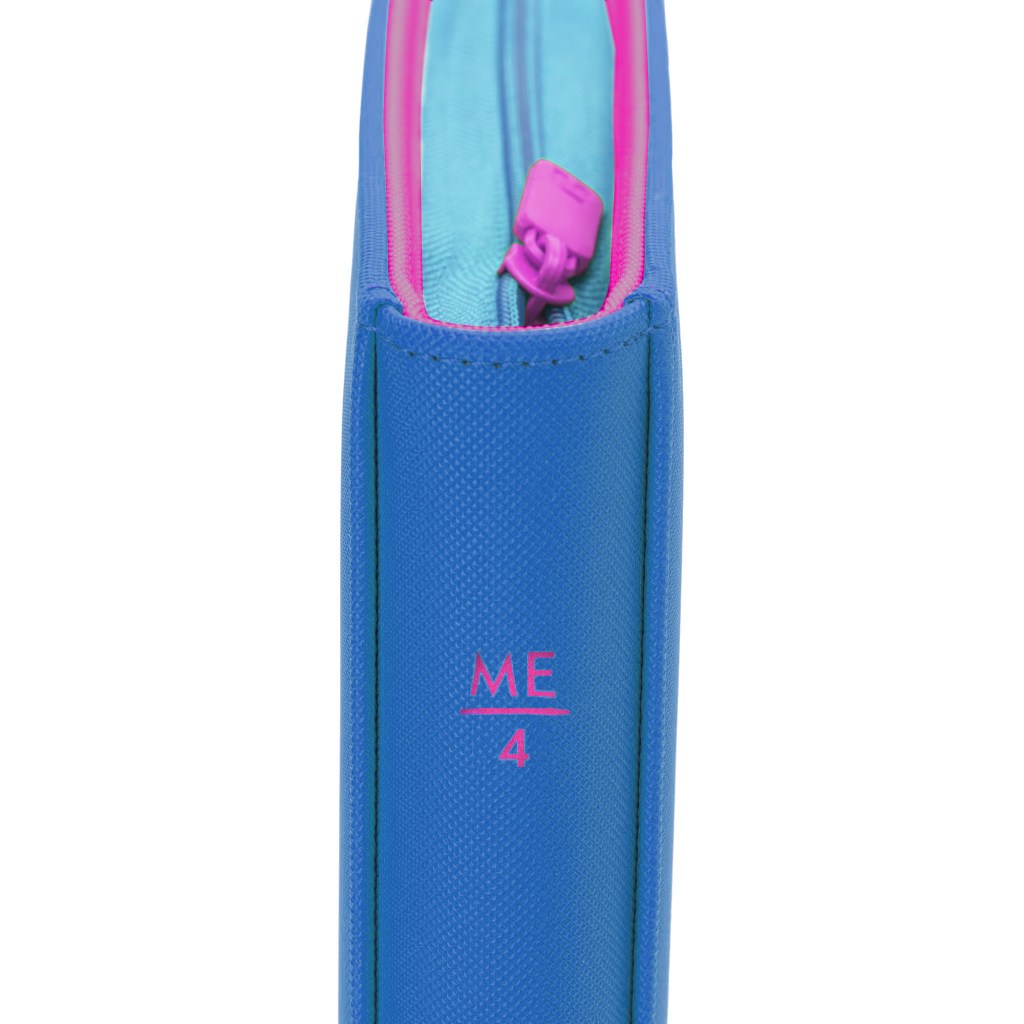 Close-up of a blue pencil case with a pink zipper and the text 'ME 4' printed in pink.