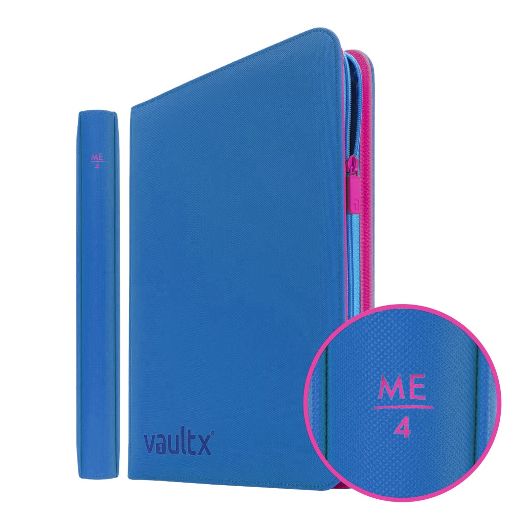 A blue zippered notebook cover with a pink accent, featuring the brand name 'vaultx' and the label 'ME 4' on the spine.