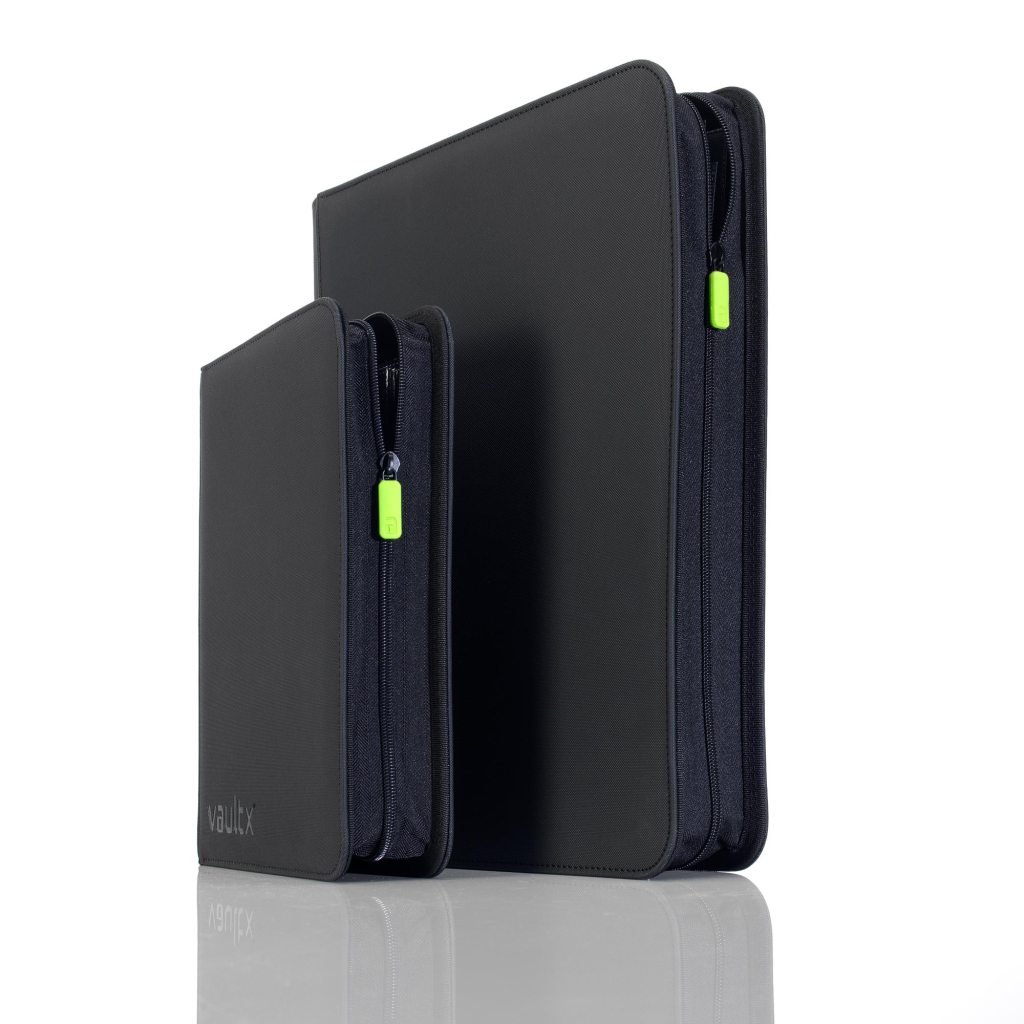 Two black zippered laptop sleeves of varying sizes, displaying a sleek design with a small green zipper pull.