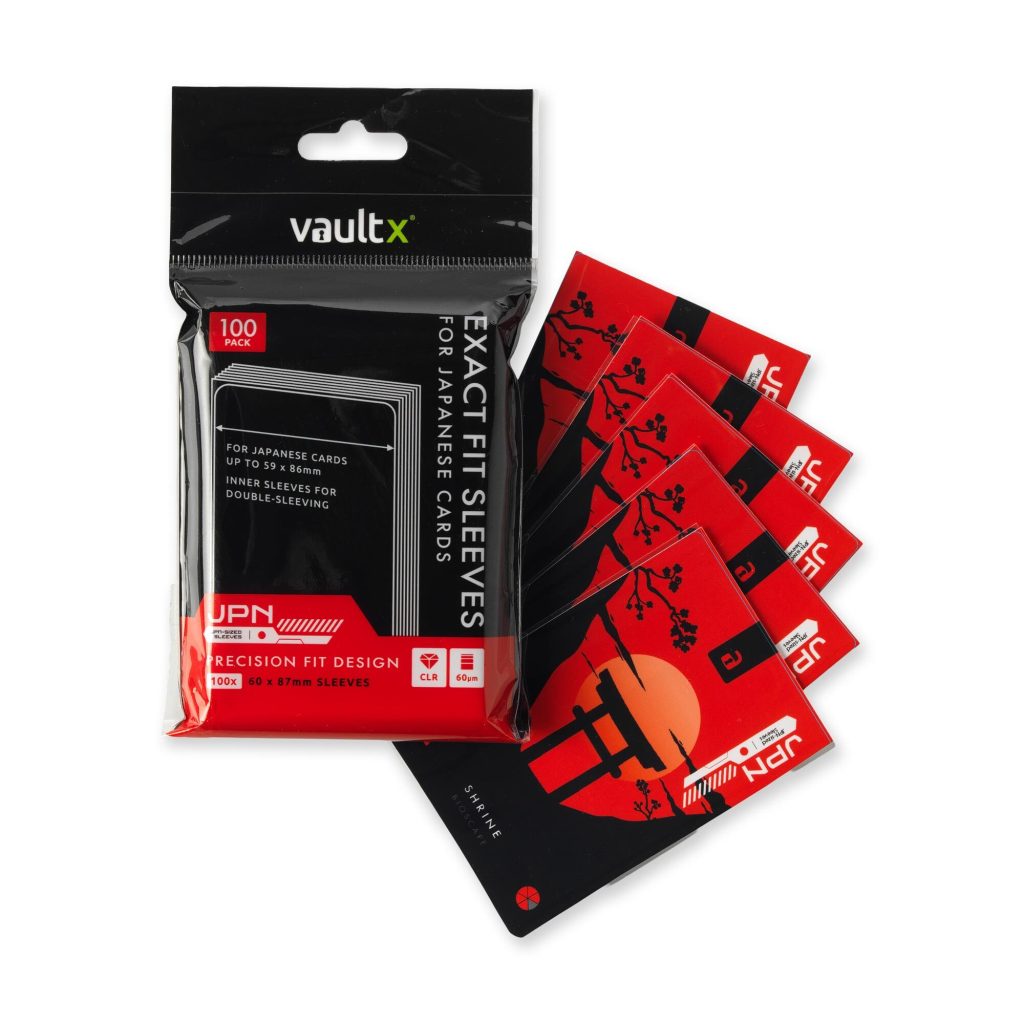 A pack of 100 exact fit sleeves for Japanese cards, featuring a black and red design with details about its specifications.