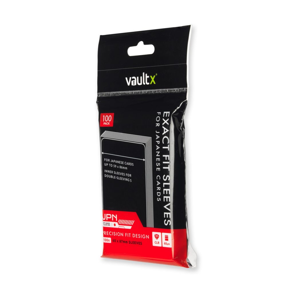 Pack of 100 inner sleeves for Japanese cards, labeled 'Exact Fit Sleeves' by VaultX, designed for cards up to 59 x 86mm.