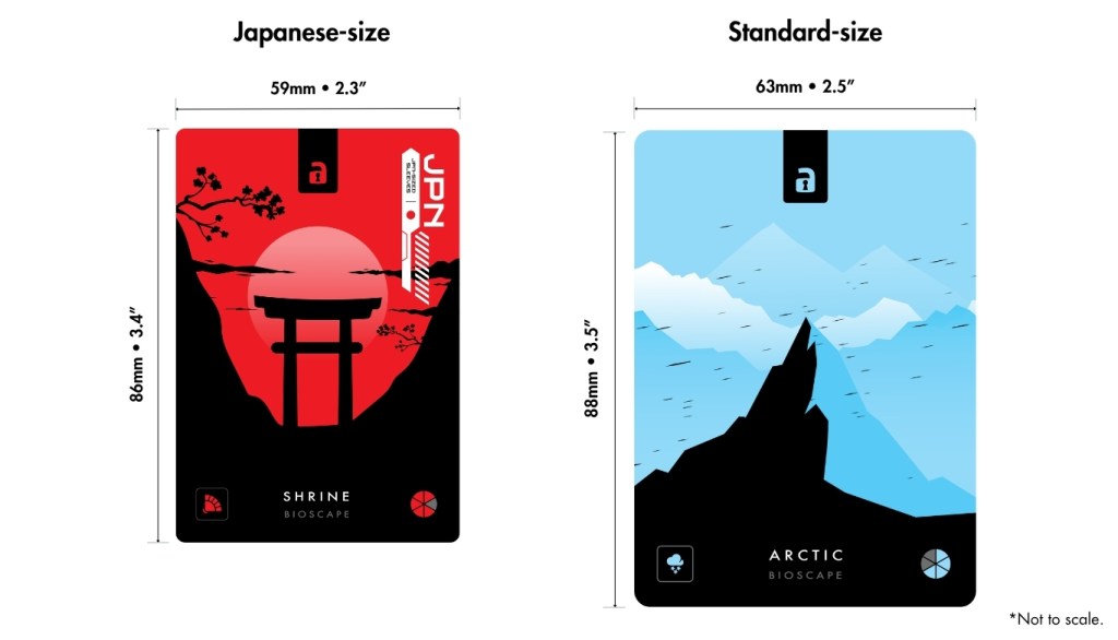 Image showing two card designs side by side. The left card represents Japanese-size with a red theme featuring a torii gate and the text 'JPN', labeled 'SHRINE BIOSCAPE'. The right card represents Standard-size with a blue theme depicting mountains, labeled 'ARCTIC BIOSCAPE'. Dimensions and measurements for each card are indicated.