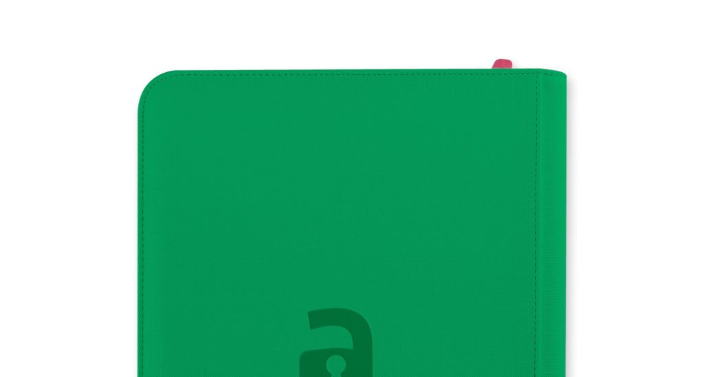 A green tablet case with a subtle logo design, featuring a pink accent at the top.