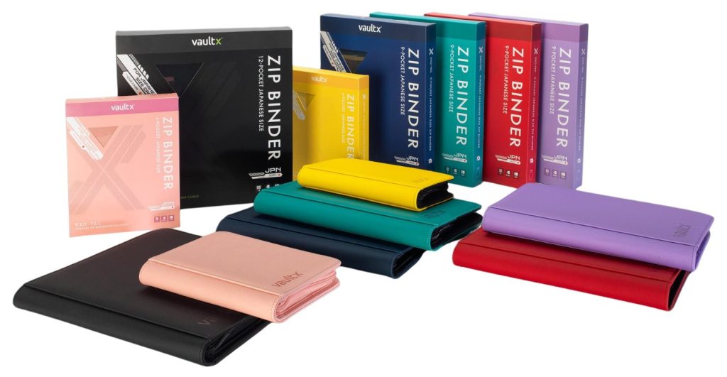 A collection of zip binders and storage boxes in various colors, including black, pink, yellow, green, blue, red, and purple, arranged on a white background.