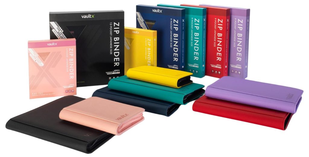 Display of various zip binders from VaultX in different colors, along with packaging.